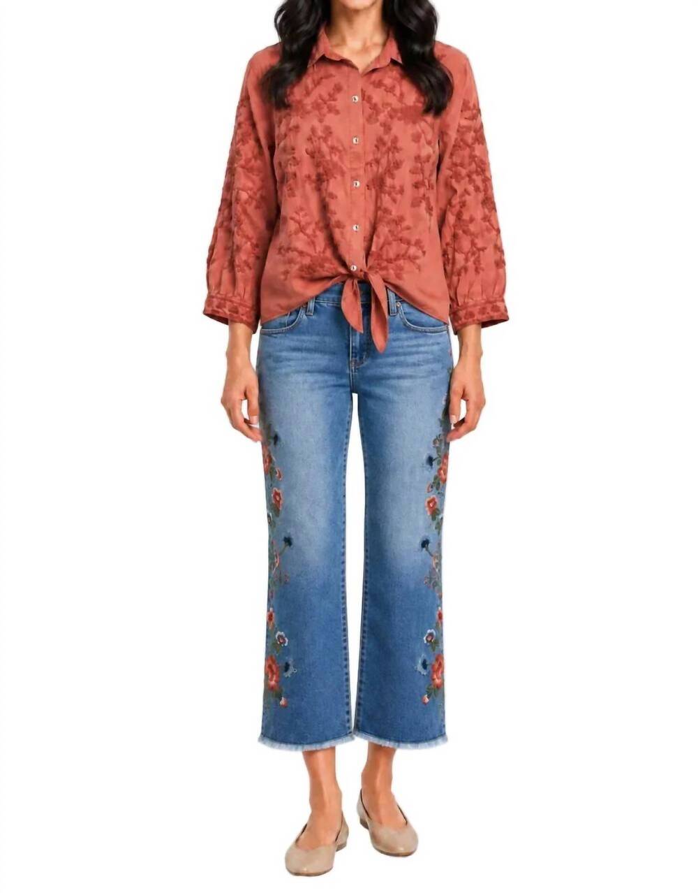 NEW JOHN MARK woven solid embroidered collared button-down top in antros